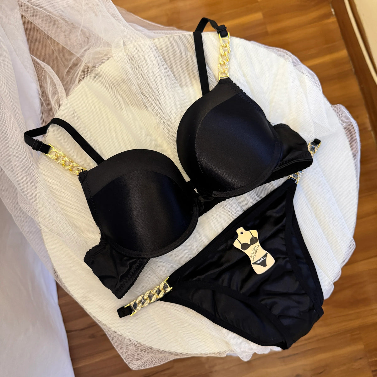 Silky Satin Shoulder Chain Bra set(Single Pad)