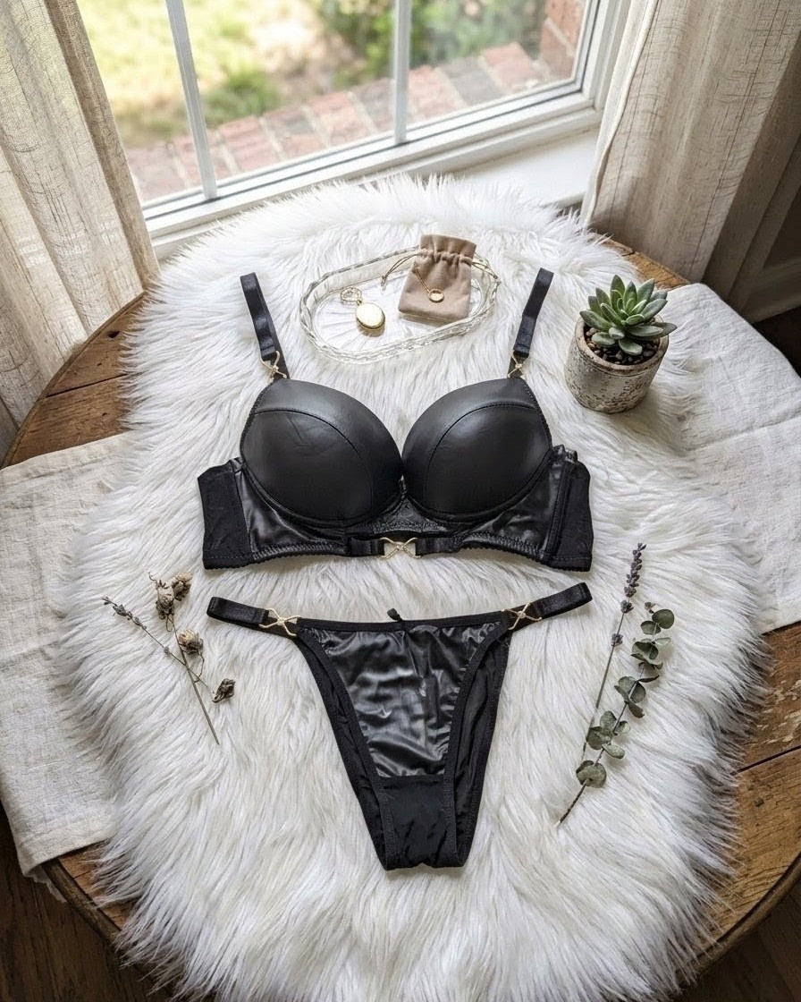 Bold Leather Look Push-Up Bra Set