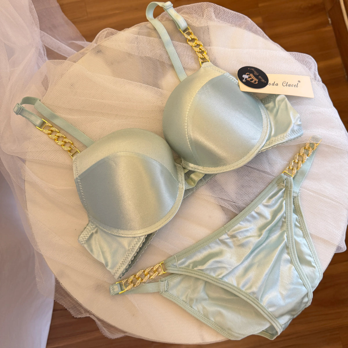 Silky Satin Shoulder Chain Bra set(Single Pad)