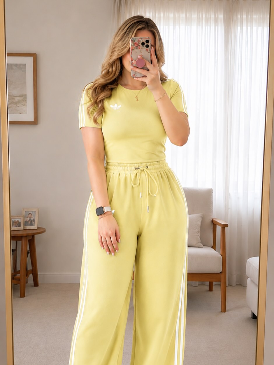 Women's Striped Wide-Leg Lounge Set – Crew Neck Top & Pants (2 Piece)