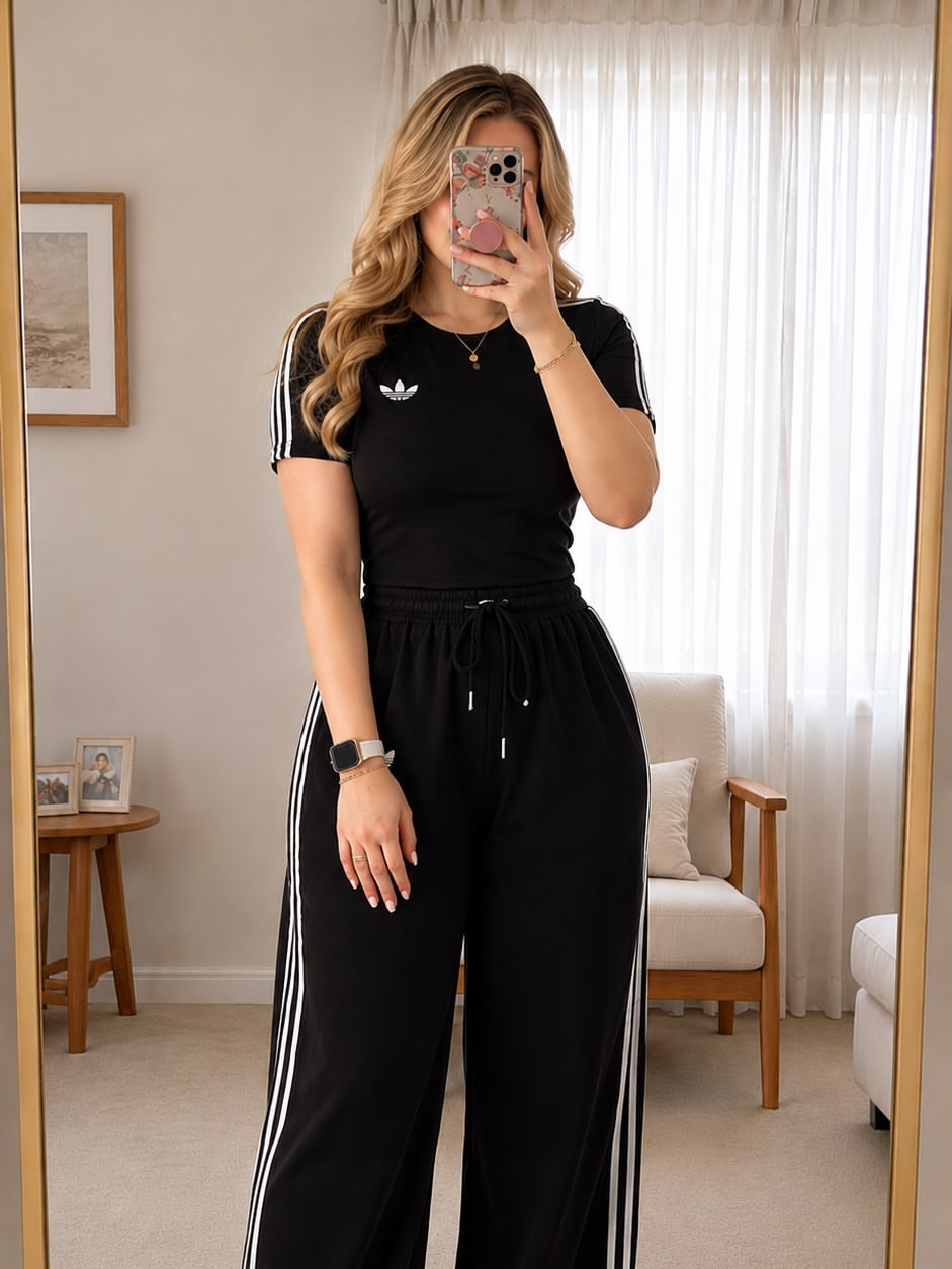 Women's Striped Wide-Leg Lounge Set – Crew Neck Top & Pants (2 Piece)