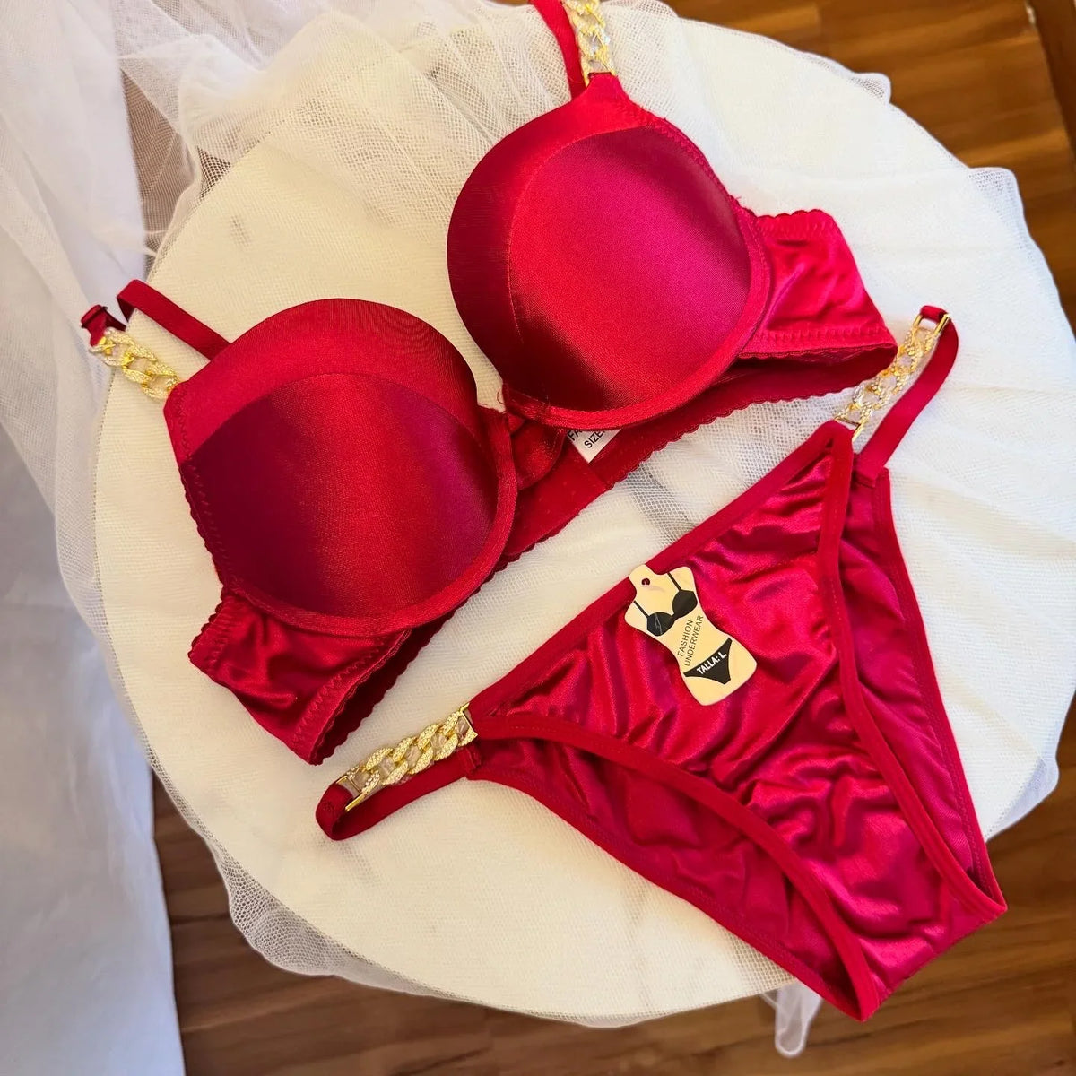 Silky Satin Shoulder Chain Bra set(Single Pad)